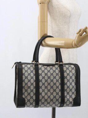 GUCCI GG Supreme Hand Bag PVC Navy Gold Auth ka1142